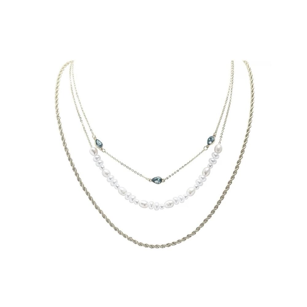 NWT LC Lauren Conrad Silver Tone Blue Crystal Simulated Pearl Multi-Row Necklace